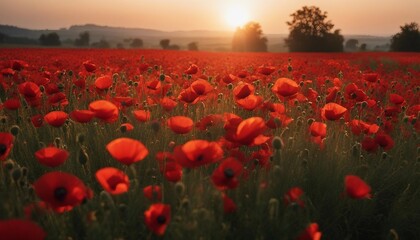 A field of bright red poppies basks in the glow of the sunrise, their vivid colors standing out 