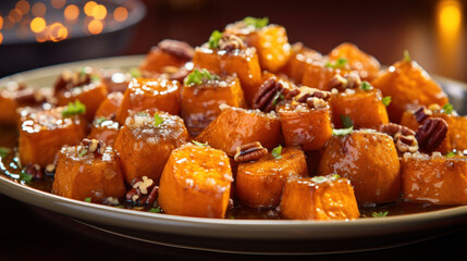 Caramelized sweet potato cubes garnished with pecans, a comforting treat. A delicious side dish that brings a sweet and savory balance. - obrazy, fototapety, plakaty