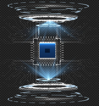 Futuristic teleportation device in a cylindrical shape with a radiant blue light at the center, set against a black grid-patterned background.