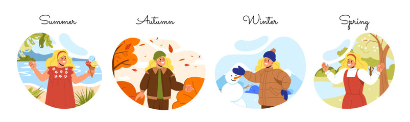Kids in four seasons set. Autumn, winter, spring and summer weather. Girl in different clothes. Children with Year parts. Cartoon flat vector collection isolated on white background