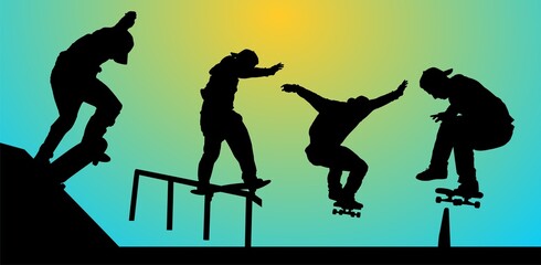 silueta, vector, gente, deporte, brincar, skate