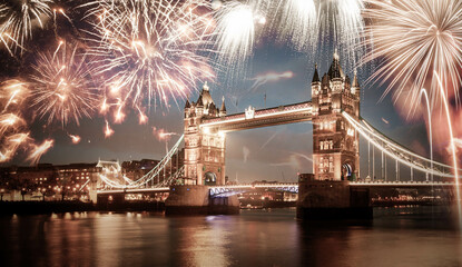 fireworks over Tower bridge New Year in London
