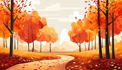 cartoon illustration road forest trees autumn leaves background header loosely cropped fall summer flat design parable orange white tavern - obrazy, fototapety, plakaty