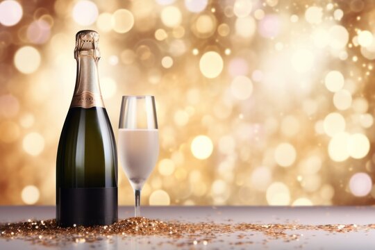 Bottle of champagne and two glasses on golden bokeh background