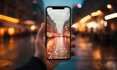 Mobile phone in a man's hand on a blurred background.