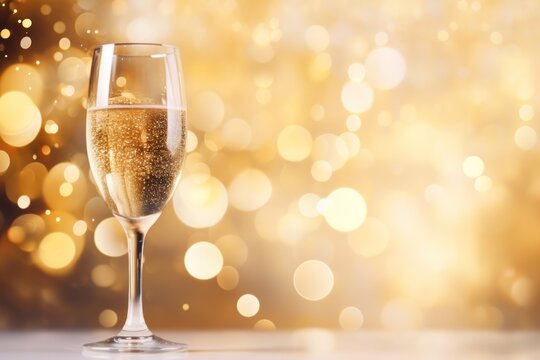 Champagne glass on golden bokeh background. New Year celebration
