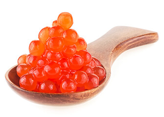 Salmon red caviar in brown wooden spoon isolated on a white background. Raw seafood, delicious red caviar.