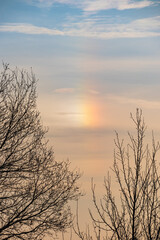 A parhelion (plural parhelia) - atmospheric optical phenomenon that consists of a bright colored spot in the sky. Other names: sun dog (or sundog) or mock sun, halo