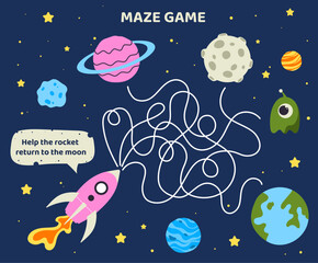 Maze game template. Rocket and planet line path. Space labirynth. Educational materials for children. Logical skills development for kids. Graphic element for website. Cartoon flat vector illustration