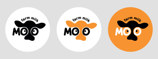 Minimalistic cow's milk logo with funny silhouette of calf's head, cow. Moo fresh farm milk. Vector illustration EPS10