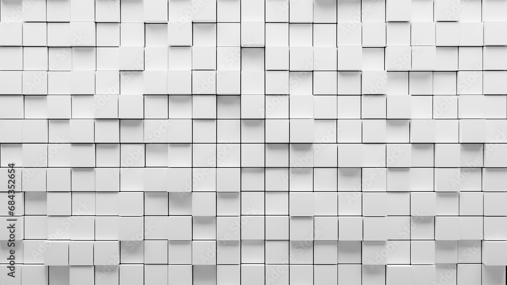 Poster White blank abstract background with cubic and block shapes pattern, white empty space with block forms wall, white place for design and backgrounds, 3d seamless white block pattern structure