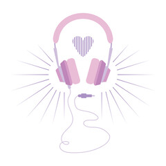 Headphones in flat style. Vector image of musical headphones with a heart and sound effect, drawing in purple tones. Concept of love for music and audio devices. Vector
