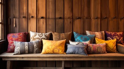 different pillows on rustic wood bench, copy space, 16:9