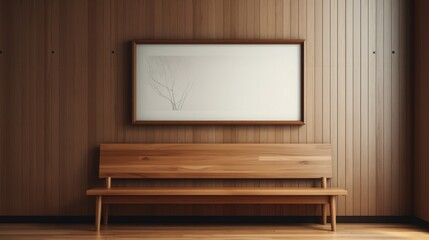 Wooden bench, wood lining paneling wall, blank mock up poster frame, copy space, 16:9