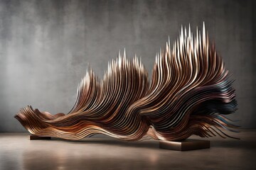 A metallic sculpture inspired by soundwaves, with undulating lines and curves representing different frequencies. - obrazy, fototapety, plakaty