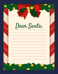 Santa letter template. List for wishes. Imagination and fantasy. Present and gift. New Year and Christmas, winter holidays and festivals. Cartoon flat vector illustration isolated on blue background