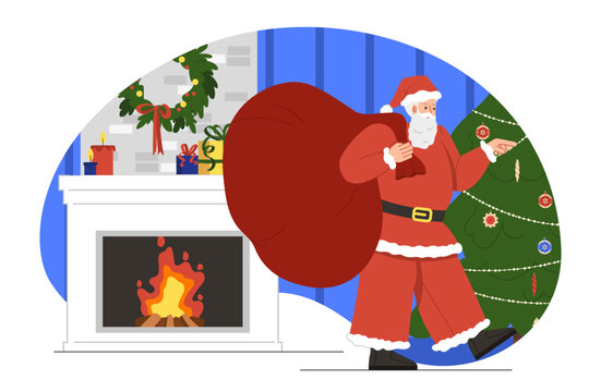 Santa by fireplace concept. Santa Claus with big red bag with presents and gifts. Christmas and New Year, winter season holidays. Cartoon flat vector illustration isolated on white background