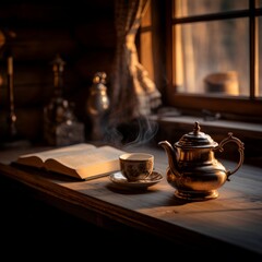 Obraz na płótnie Canvas a fire and teapot on a wooden table in a dark room, in the style of storybook-like, nostalgic landscapes, studyplace, orient-inspired, golden light, victorian-era clothing, high quality photo