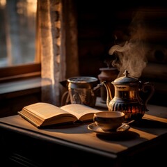 a fire and teapot on a wooden table in a dark room, in the style of storybook-like, nostalgic landscapes, studyplace, orient-inspired, golden light, victorian-era clothing, high quality photo