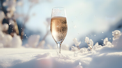Glass of rose sparkling wine in snow on snowy forest winter background, copy space. Frosty champagne, winter celebration. Winter festive banner with glass of rose champagne on snowy winter backdrop - obrazy, fototapety, plakaty