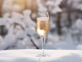 Frosty champagne glass on a snowy backdrop. Celebration banner with rose sparkling wine. Festive winter rose champagne banner with free space for text. Wintry champagne toast, champagne in snow