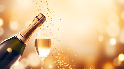 Festive sparkling wine banner with bottle of champagne and a glass of alcohol free wine on warm bokeh background. Celebratory Champagne with Golden Confetti. Bubbly Champagne, celebration mood concept