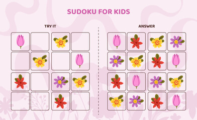 Sudoku for kids template. Red, yellow and wiolet flowers. Spring and summer. Development of logical skills for children. Education and training for preschoolers. Cartoon flat vector illustration