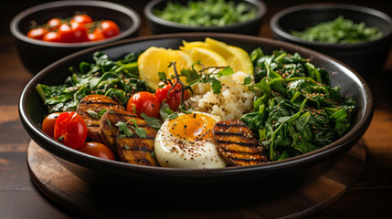Nutritious Breakfast Bowl with Fried Egg and Grilled Vegetables