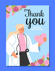 Thank you doctors postcard. Woman in medical coat with sthetoscope. Healthcare, medicine and treatment. Template and layout. Cartoon flat vector illustration isolated on blue background