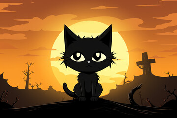 Sad black cat against the background of a yellow gloomy moon. Generative AI