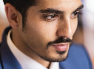 Obraz premium Brunette elegant professional businessman, work at office, face closeup, success concept.