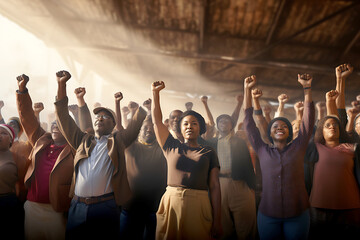 Group of black people with their hands raised up, protest against discrimination, black history month - obrazy, fototapety, plakaty