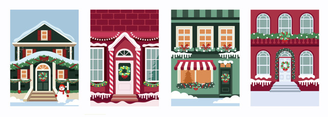 Christmas decoration of houses. Set of vector cartoon templates for banners, flyers, cards, posters, brochures. Happy New Year and Merry Christmas. Vector holiday illustration - 684354803