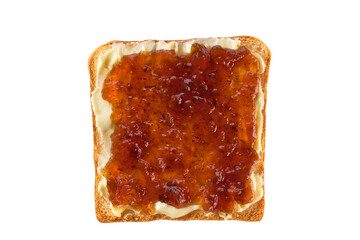 Toast with figs jam and butter isolated on white background, top view.