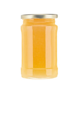 Jar of ginger jam isolated on white background.