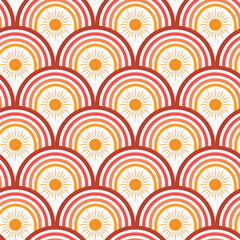 Fototapeta premium Abstract art deco rainbows in red, orange and yellow seamless pattern with abstract yellow sun. For home decor, wallpaper and textile