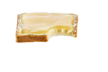 Take a bite toasted bread with ginger jam, isolated on a white. Bitten toast with ginger jam on white background.