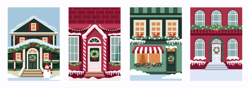 Christmas decoration of houses. Set of vector cartoon templates for banners, flyers, cards, posters, brochures. Happy New Year and Merry Christmas. Vector holiday illustration