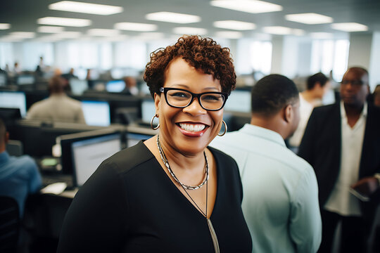 A middle-aged African-American woman in a black dress and glasses poses against the background of an office. Woman looking at camera and smiling