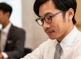 Asian elegant businessman work at the office, face closeup, confident smile expression