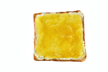 Toast with lemon jam and butter isolated on white background, top view.