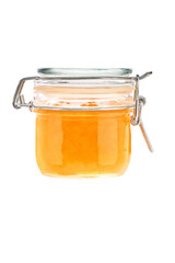 front view of small orange jam jar without labels and shiny metallic lid covers isolated on white background.