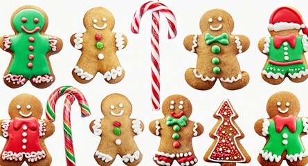 Fototapeta premium Ginger cookies, candy canes, and Christmas cookies isolated on white background. Xmas Holiday Elements for Graphic Design