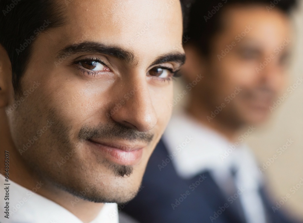 Poster Elegant Indian businessman work at office with coworkers, smiling face closeup, successful business teamwork concept.