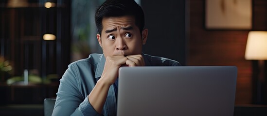 Asian woman using laptop at home or office with serious, confused, or frustrated face expression. Copy space available.