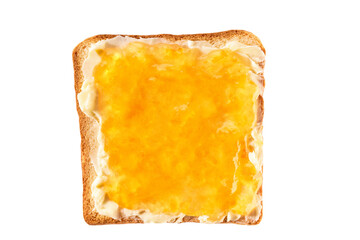 Toast with orange jam and butter isolated on white background, top view.