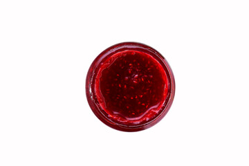 glass bowl with raspberry jam isolated on white background. top view.