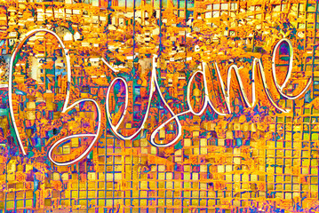 Love lettering on a mosaic background. Neon sign in the window of a cafe at night, Spanish