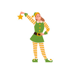Smiling cute girl cartoon character in elf costume holding gold Christmas star vector illustration