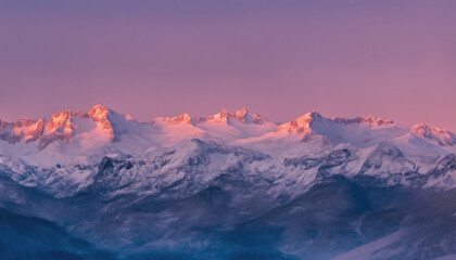 Generated IA.Illustration of a panoramic view of the snowy peaks during sunrise.